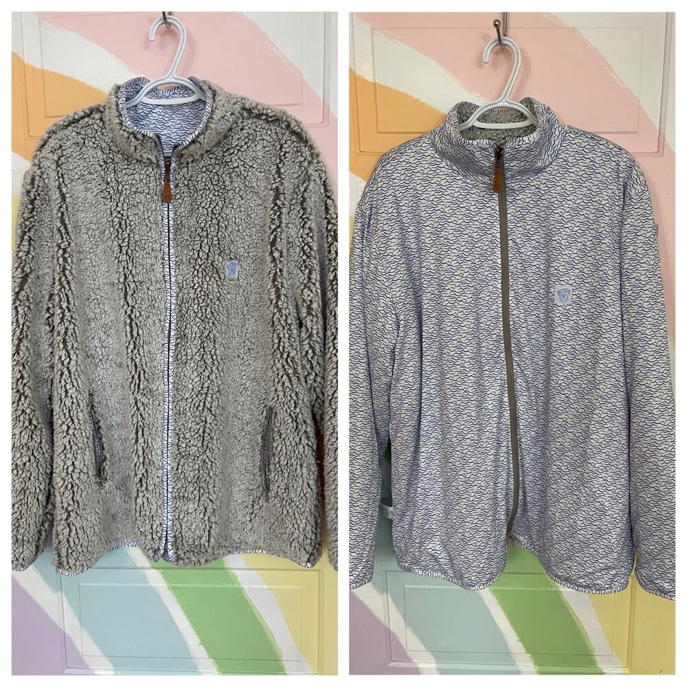 USA Palm XL Reversible Full Zip Sherpa Fleece Jacket Wave Print Coastal Style